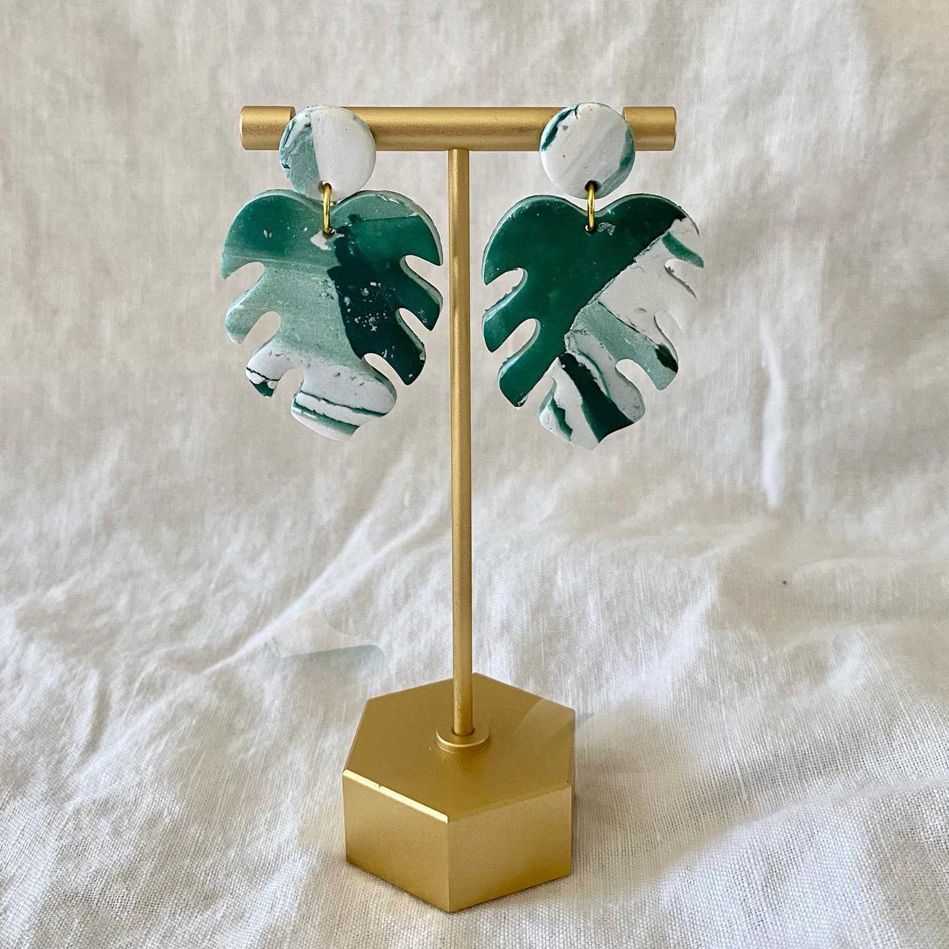Monstera Polymer Earrings on Stand