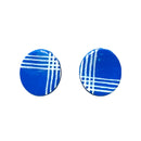 A pair of navy blue palaka print clay oval stud earrings with gold plated earring posts and silicone earring backs.