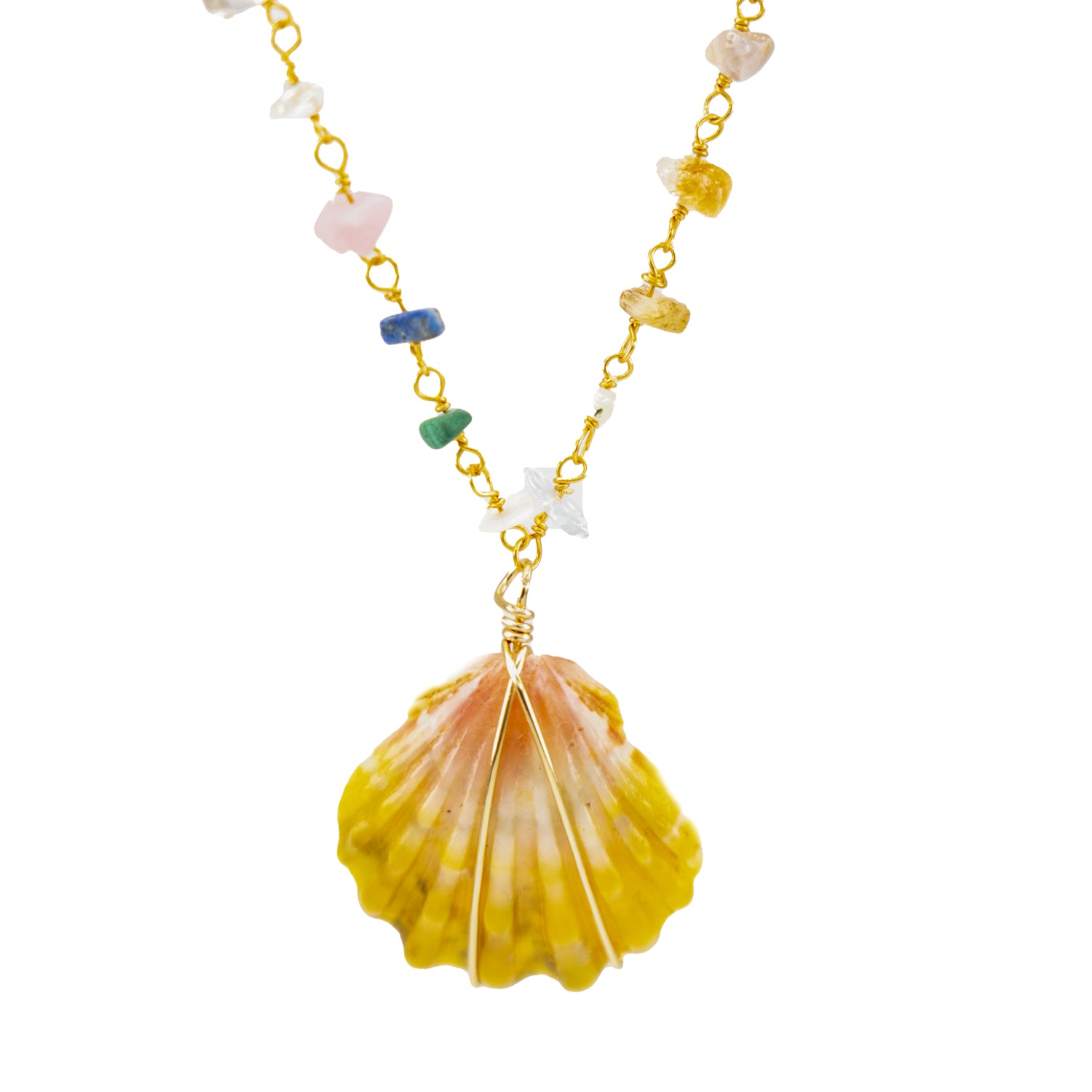 Rare Hawaiian Sunrise Shell + Gemstone 18" Gold Necklace