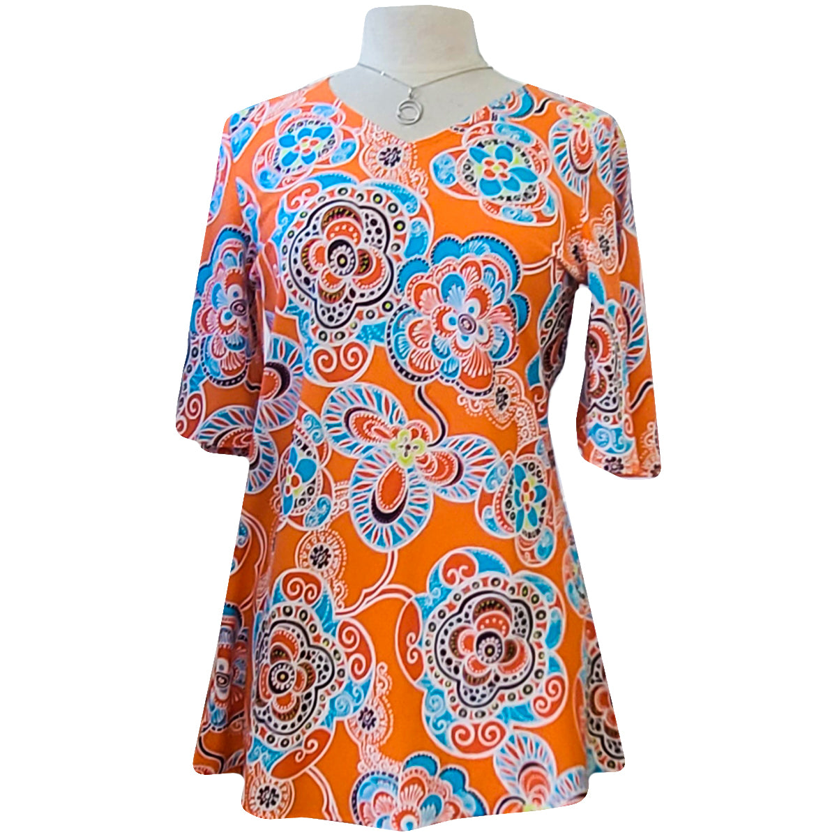 Retro Orange Paisley Bell Sleeve Mini Dress