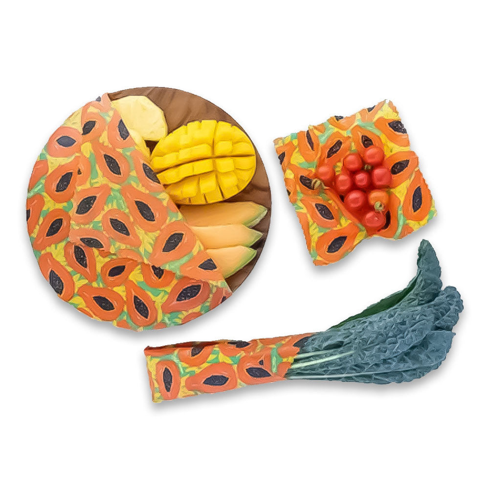 Reusable Handmade Organic Beeswax Food Wraps 3 Pack - Tropical Papaya