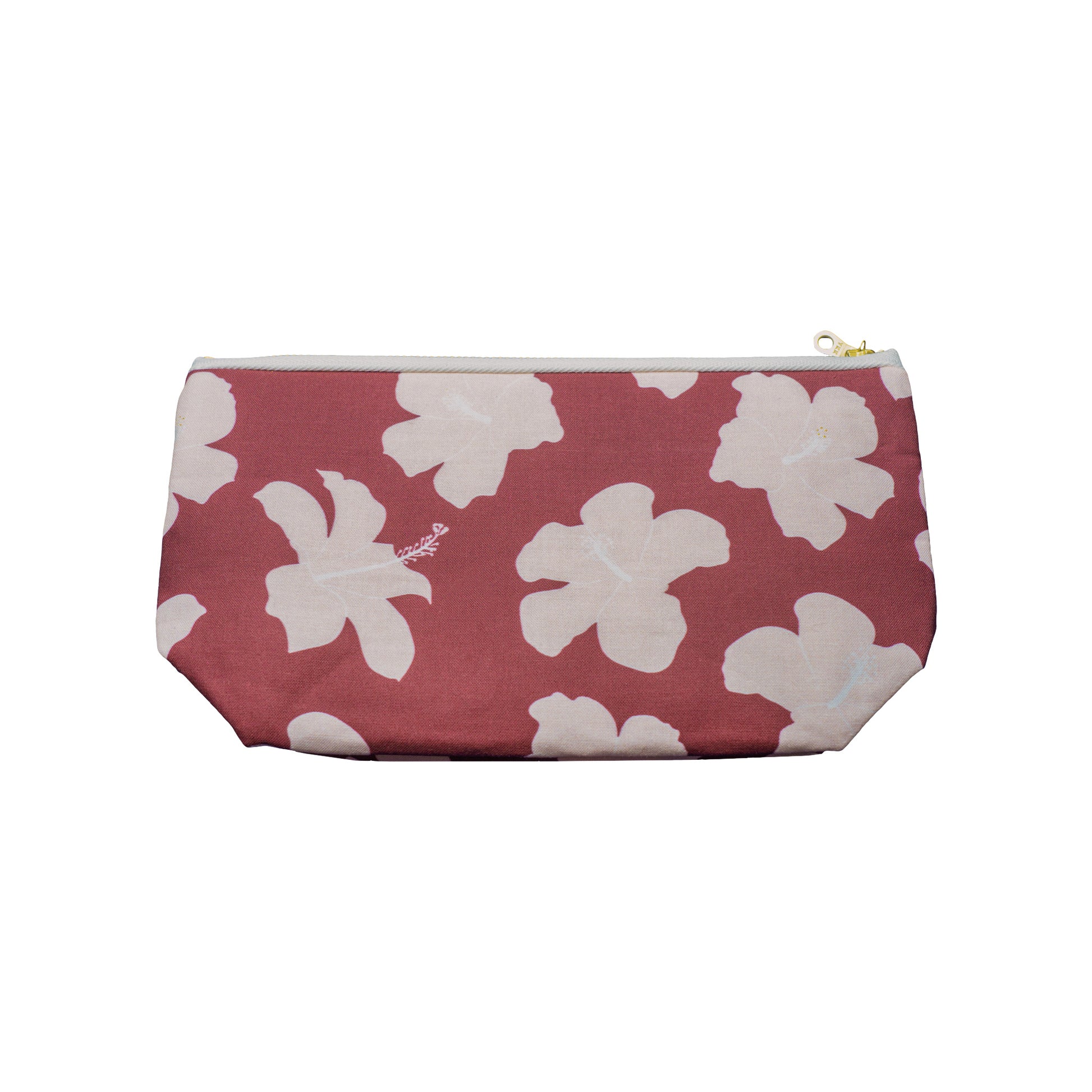 Handmade Cotton Canvas Burgundy Pink Hibiscus Flat-bottom Pouch