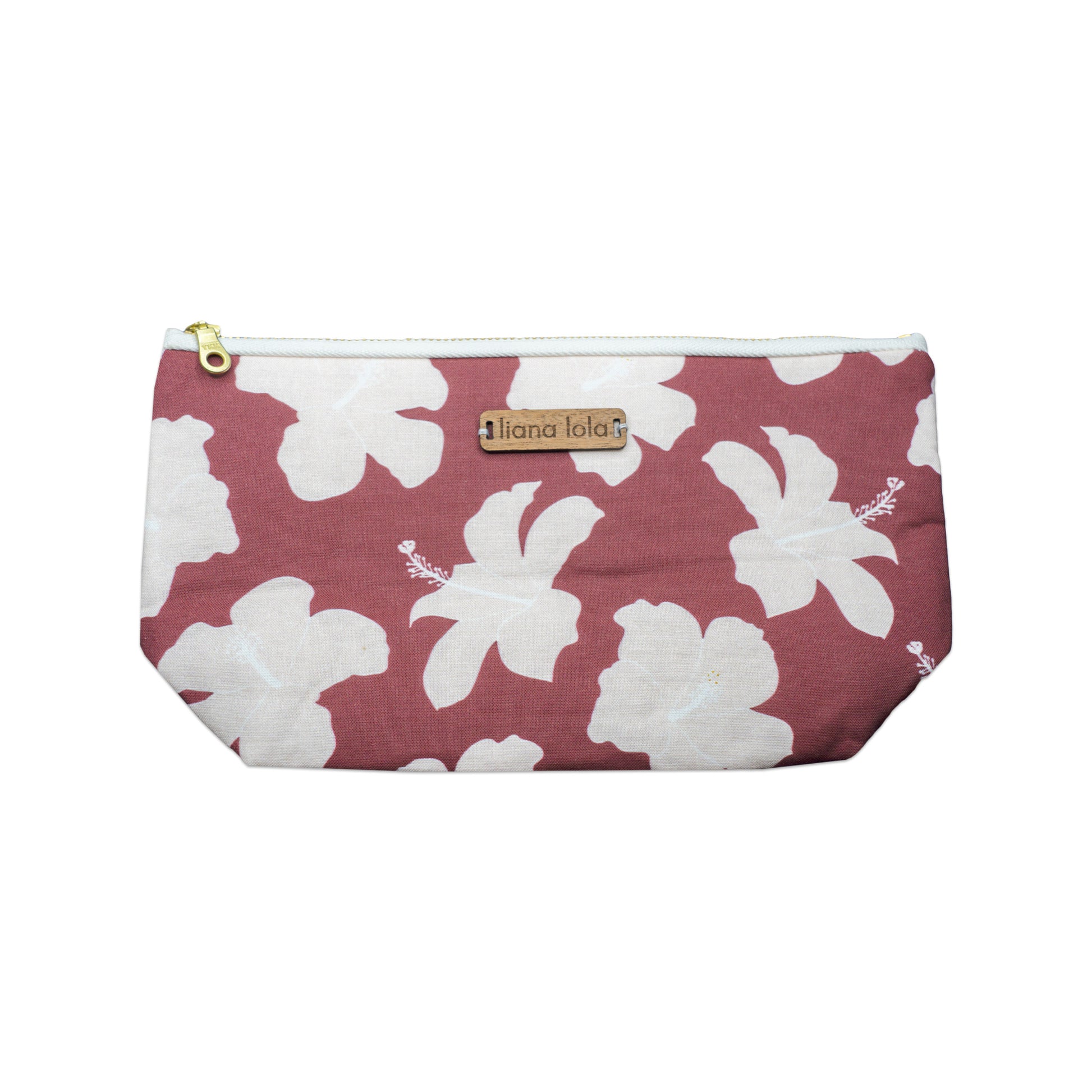 Handmade Cotton Canvas Burgundy Pink Hibiscus Flat-bottom Pouch