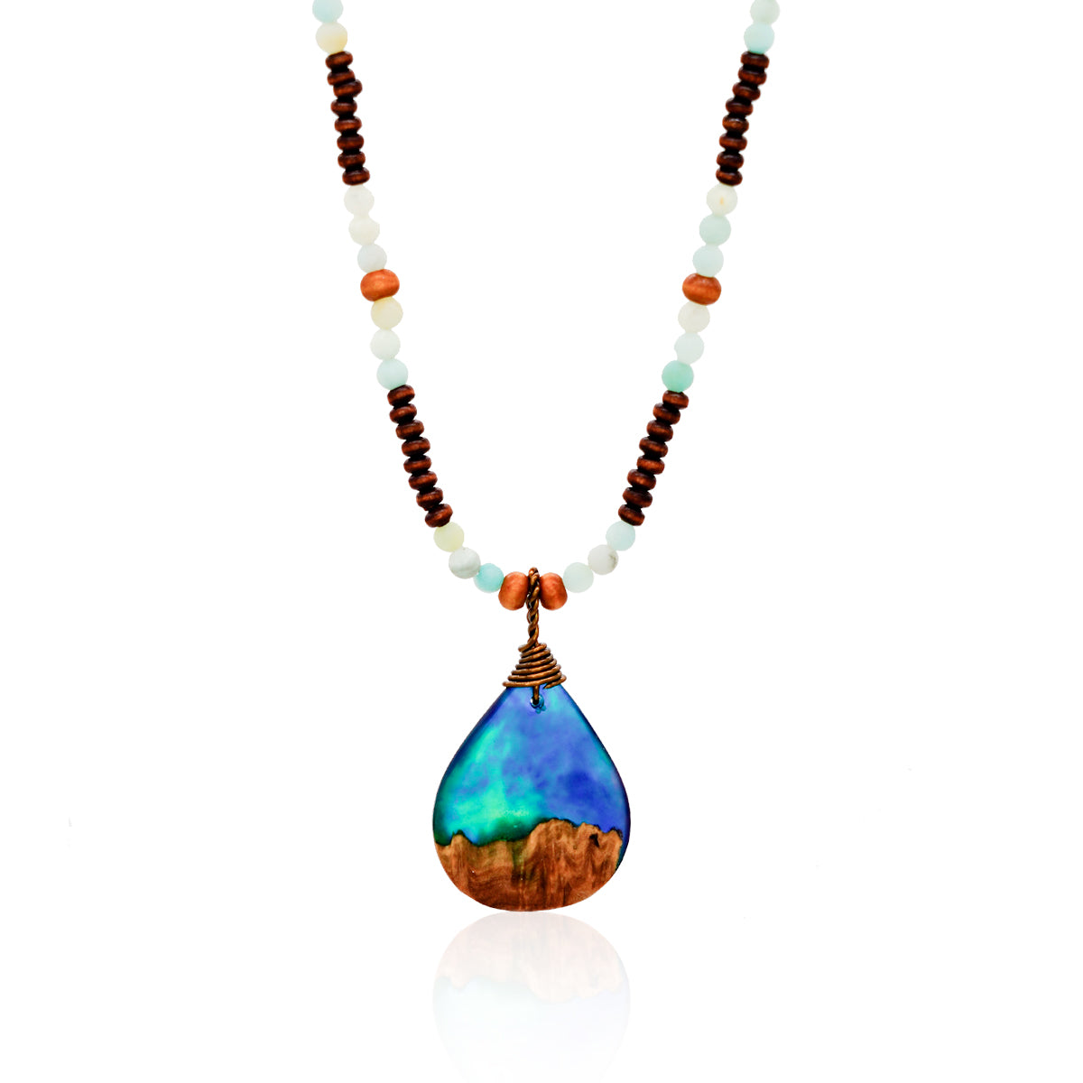 Resin & Wood Pendant on Amazonite & Wood Beaded Necklace