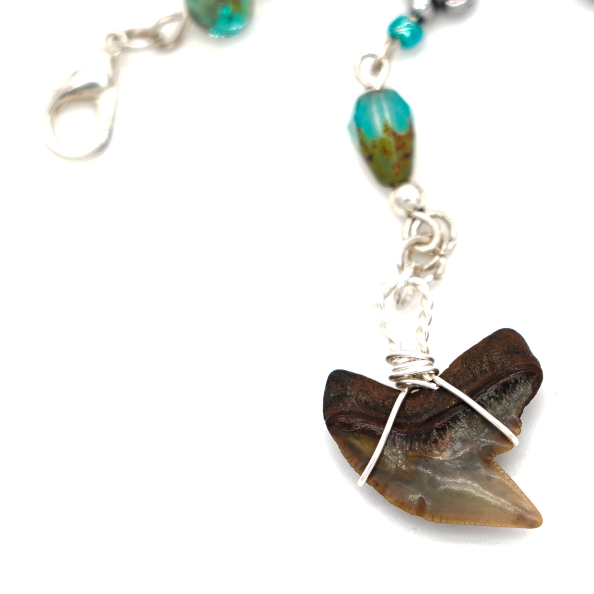 Fossilized Tiger Shark Tooth Charm Bracelet with Czech Glass & Wood