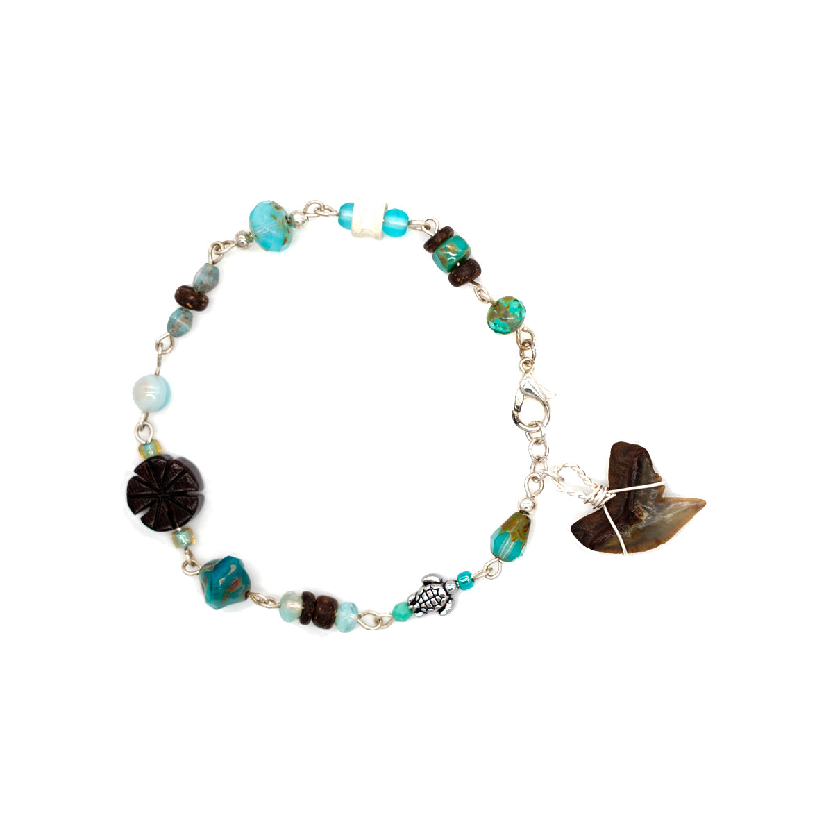 Fossilized Tiger Shark Tooth Charm Bracelet with Czech Glass & Wood