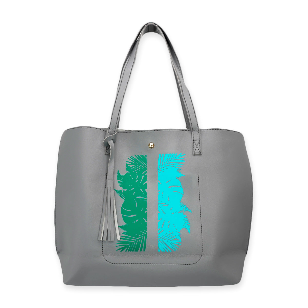 Faux Leather Everyday Gray Tote Handbag - Tropics Green & Blue