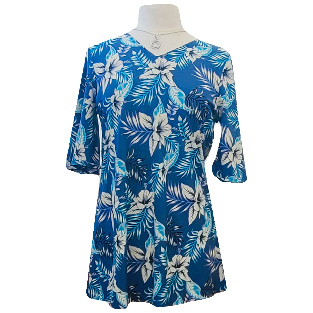 Blue and White Hibiscus Bell Sleeve Mini Dress